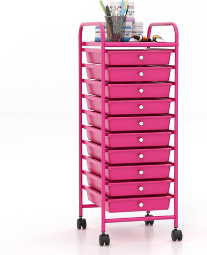 Giantex 10-Drawer Storage Cart w/Universal Wheel, Rolling Cart w/Handle, Home Organizer Storage Unit w/Removable Drawers, Trolley Utility Cart for Kitchen Makeup Living Room Office Play Room, Hot Pink