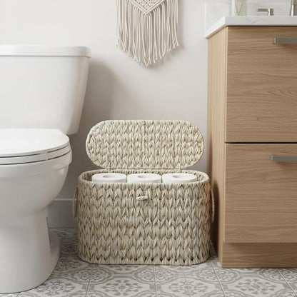 Toilet Paper Basket,Wicker Toilet Paper Storage with Lid,Decorative Boho Wicker Basket for Bathroom,Free Standing-Cream White
