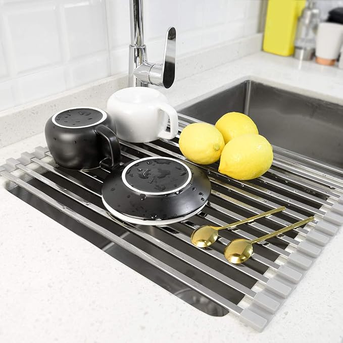 LUEXBOX Roll Up Dish Drying Rack, 17 inch Stainless Steel in Sink Dish Drying Rack, Multipurpose Foldable Kitchen Sink Rack Mat for Dishes, Cups, Fruits Vegetables, Multi-Use Drying, Draining