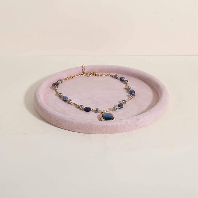 GemeShou Round Jewelry Organizer Plate, Top Microfiber Velvet Jewelry Display Tray, Empty Jewelry Showcase Tray for Necklaces, Bracelets, Rings, Earrings (Pink-Large, 9.8 x 9.8 in)
