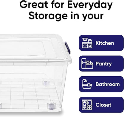 Superio Storage Bins with Lids- Clear Boxes for Organizing, Stackable Plastic Containers- BPA Free, Non-Toxic, Odor Free, Organizer for Home, Office, Dorm (6 Pack, 60 Qt (Wheeled))