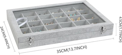 Wudygirl 30 Grid Jewelry Organizer Velvet Jewelry Box Jewelry Tray with Clear Lid Storage Case Showcase Display Stackable Removable (30 Grid)