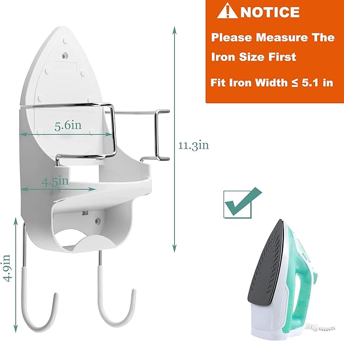 Wall Mount Iron Board Hanger and Ironing Board Storage Organizer Shelf With Removable Hooks for Household Bathroom Laundry Room (White)