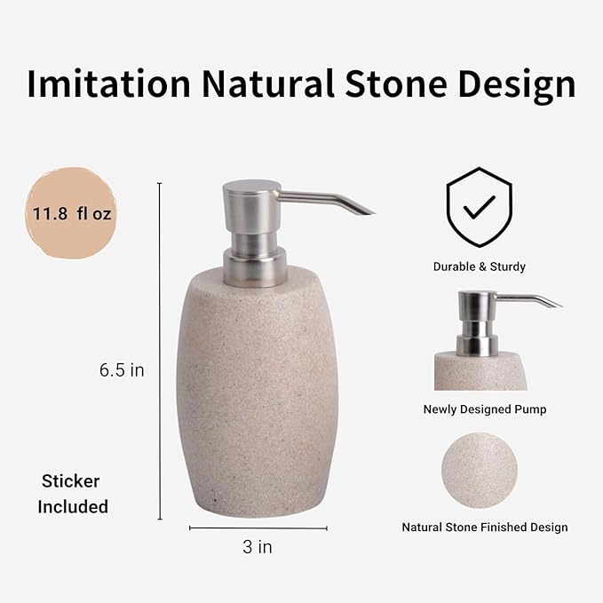 Clasin Home Sandstone Textured Resin Soap Dispenser with Metallic Pump and Waterproof Bottle Labels for Bathroom Kitchen Dish Hand Wash Shower Lotion Shampoo, 12 Oz, Beige