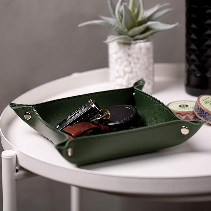 SANQIANWAN Leather Jewelry Valet Tray for Women and Man, Entryway Table Bedside Nightstand Desk Portable Small Catchall Travel Dish Plate for Key,Wallet,Watch,Phone,Coin(Dark Green-B)