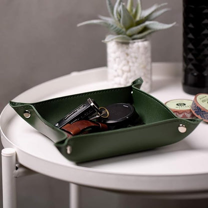 SANQIANWAN Leather Jewelry Valet Tray for Women and Man, Entryway Table Bedside Nightstand Desk Portable Small Catchall Travel Dish Plate for Key,Wallet,Watch,Phone,Coin(Dark Green-B)