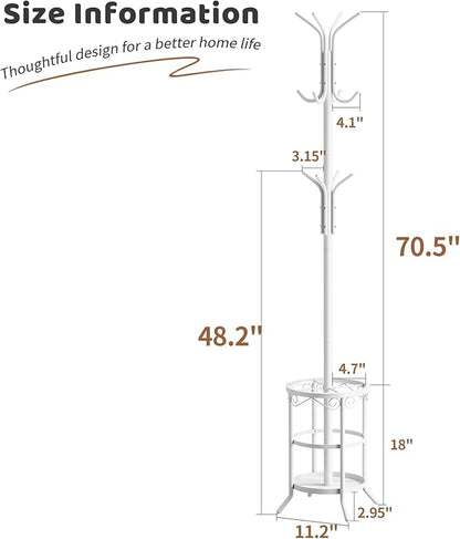 FILWH Coat Rack Freestanding with Umbrella Stand with 12 Hooks Metal Coat Tree Coat and Hat Hanger Jacket Entryway Coat Rack (White)