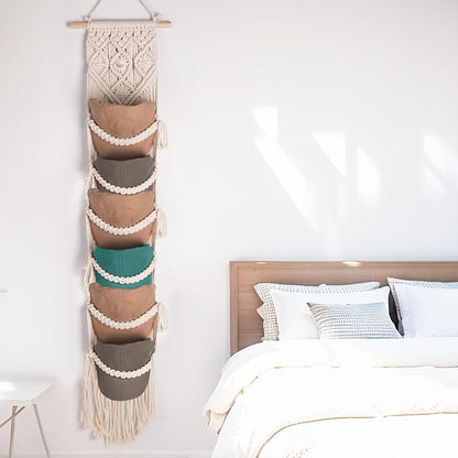 KaloKalo 2PCS Macrame Cap Holders Boho Hat Hangers Over Door Ball Cap Rack Organizer Decorative Bohemian Handmade Woven Wall Hanging for Baseball Cap Display Decoration (Ivory, Up to 24 Caps)