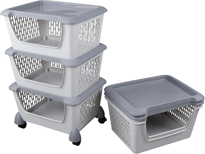 Kiddream 5 Packs Stackable Organizer Baskets with Wheels, Plastic Stacking Storage Basket Bins for Kitchen Bathroom