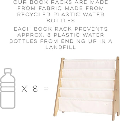 3 Sprouts Recycled Fabric Kids Bookshelf – 4-Tier Sling Book Rack Organizer - Nursery Room Playroom Classroom Wooden Book Shelves - Kid Bookcase Wood Storage Shelf for Toddler Age 3+ - Checkered Green