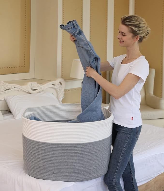 24" x 24" x 17" Max Size Large Cotton Rope Basket, Extra Large Storage Basket, Woven Laundry Hamper, Cloth Storage Bin, for Blankets Clothes Towels Pillows in Living Room, Grey