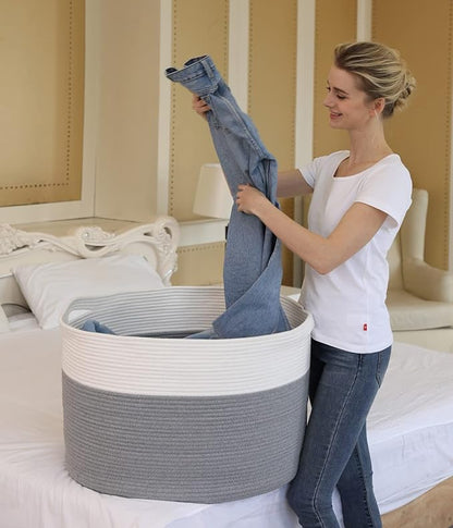 24" x 24" x 17" Max Size Large Cotton Rope Basket, Extra Large Storage Basket, Woven Laundry Hamper, Cloth Storage Bin, for Blankets Clothes Towels Pillows in Living Room, Grey