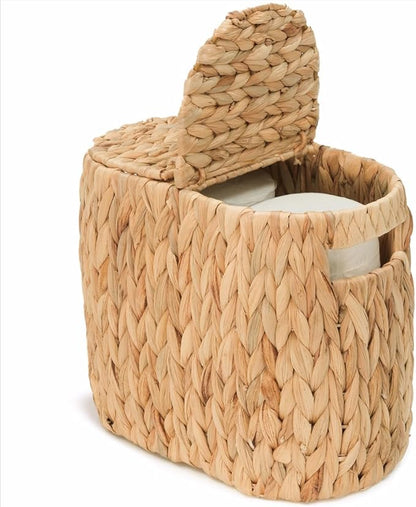 Toilet Paper Basket with Lid, Woven Natural Water Hyacinth Toilet Paper Storage, Papers Container for 4 Mega Rolls, Storage Holder with Built-in Handles, Slim Bathroom Stand Basket Organizer for Decor