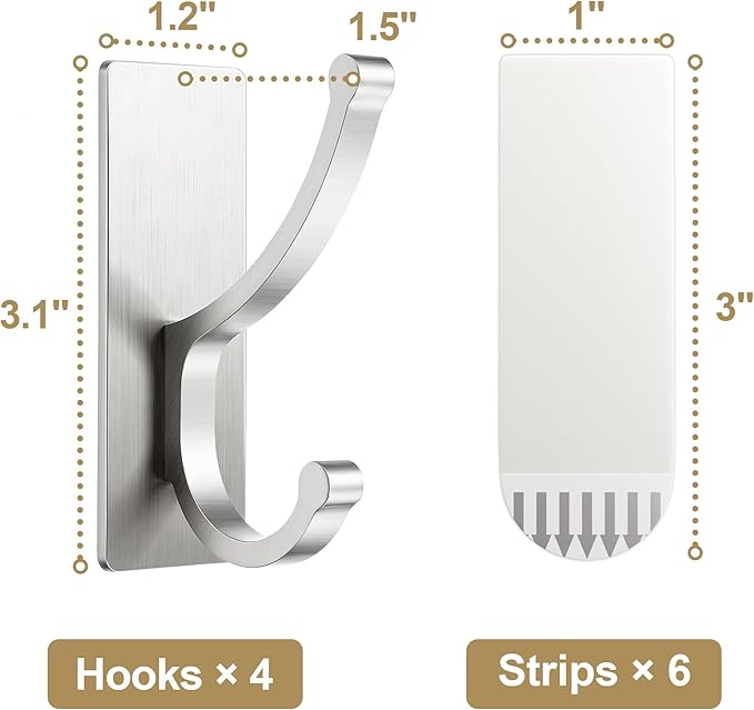 pickpiff Adhesive Wall Hooks with Strip - No Residue, Easy to Remove, Strong Heavy Duty Sticky Towel Hook, 4 Pack Silver