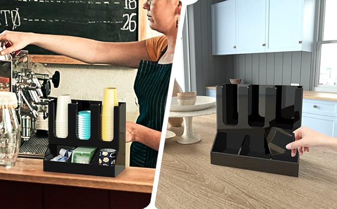 Richboom Cup and Lid Organizer, 6 Compartments with 2 Removable Dividers Coffee Station Countertop Cup Dispenser Condiment Organizer Accessories Caddy for Breakroom, Office, Home - Black