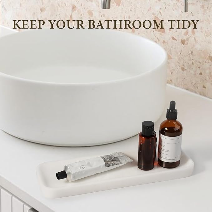 Koville Marble Tray, 12"x4" Marble Vanity Tray for Bathroom Kitchen Countertop Sink, Natural Stone Tray for Home Decor, Decorative Rectangular Narrow Catchall Tray for Jewelry(Namibia Bianco)