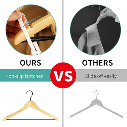 Perfecasa Premium Quality Solid Wood Clothes Hangers for Suits and Coats, Smooth Finishes, Non-Slip Pants Bar, 360° Swivel Soft Coated Hooks. Pack of 20(Clear Natural)