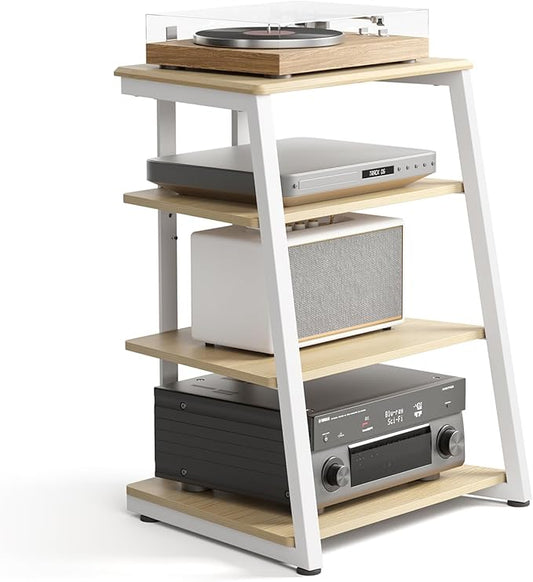 FITUEYES Design 4-Tier AV Media Stand Corner Shelf Stand Wooden Corner Shelves Component Cabinet Stereo Rack Audio Tower with Height Adjustable Wooden Shelves for ps4 (White Oak)