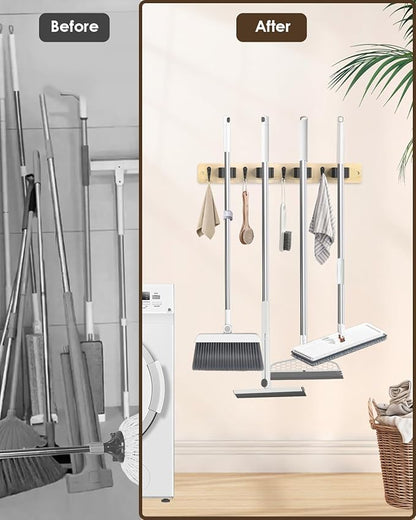 Broom Holder Wall Mounted, Light Wood 4 Holders and 4 Hooks Mop Holder, Wooden Mop and Broom Holder with Anti slip rubber, Natural pine wood Brush Holder, Mop Wall Holde with Nail installation