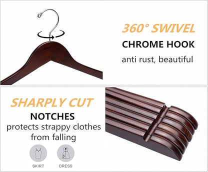 Amber Home 20 Pack Vintage Wood Coat Hangers, Walunt Wooden Suit Hangers with Non Slip Pant Bar, Clothes Hangers for Jacket, Bridal (Retro, 20)