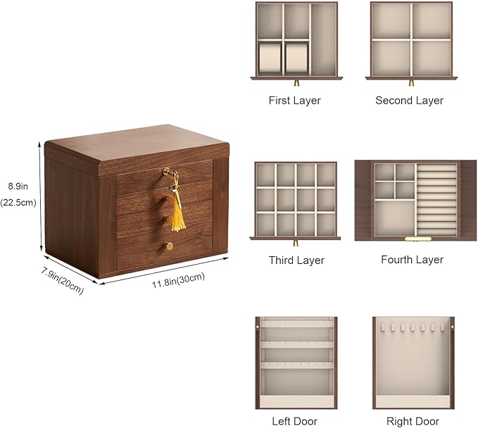 Homruilink Black Walnut Wooden Jewelry Box, Wood Jewelry Organizer with 2 Side Doors Mirror Lockable Classical Style for Watch Necklace Ring Earring Storage Christmas Gifts-4 Layer