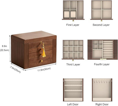 Homruilink Black Walnut Wooden Jewelry Box, Wood Jewelry Organizer with 2 Side Doors Mirror Lockable Classical Style for Watch Necklace Ring Earring Storage Christmas Gifts-4 Layer