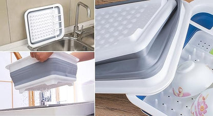 Collapsible Dish Drying Rack with Drain board Set Portable Dish Drainer Foldable Drying Dish Storage Rack Silverware Organizer