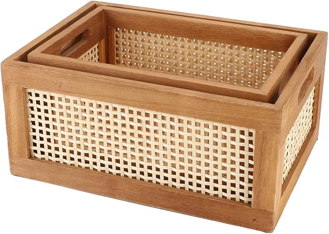 Desktop Storage Basket, Office Drawer Storage Box, Wood Frame Storage Basket with Built-In Handles for Kitchen Pantry, Cabinet, Office, Bedroom, Rustic Country Decor (Brown-Set2)