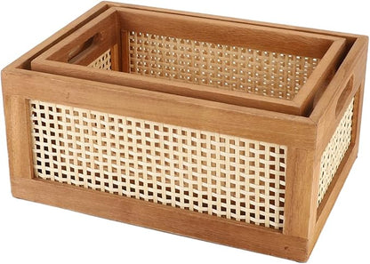 Desktop Storage Basket, Office Drawer Storage Box, Wood Frame Storage Basket with Built-In Handles for Kitchen Pantry, Cabinet, Office, Bedroom, Rustic Country Decor (Brown-Set2)
