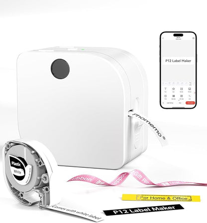 Phomemo Label Maker Machine with Tape, P12 Bluetooth Small Label Maker with Multiple Templates Thermal Transfer Ribbon Printer Machine for Home, School, Gift Wrapping, Office, White
