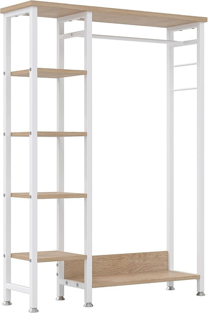 VECELO Open Garment Clothing Rack, Free-Standing Heavy Duty Storage Closet with 5 Shelves and Hanging Rod for Small Spaces, Max Load 350LBS, White Oak