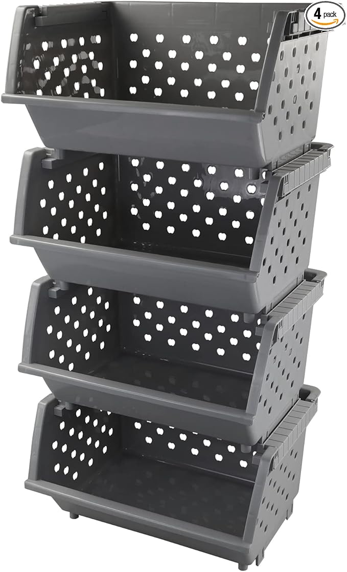 4-Pack Plastic Stacking Storage Baskets, Large stackable organizer basket
