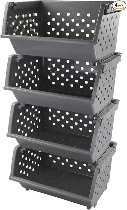 4-Pack Plastic Stacking Storage Baskets, Large stackable organizer basket