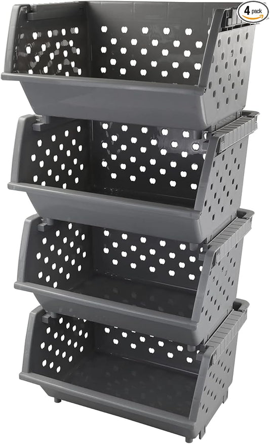 4-Pack Plastic Stacking Storage Baskets, Large stackable organizer basket