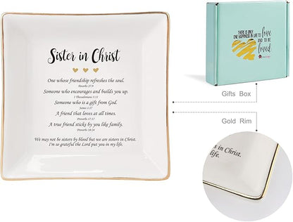 HOME SMILE Mother's Day Gifts for Sister in Christ,Ceramic Ring Jewelry Dish Tray Plate for Birthday Graduation Christmas Wedding,We May Not Be Sisters by Blood But We are Sisters in Christ