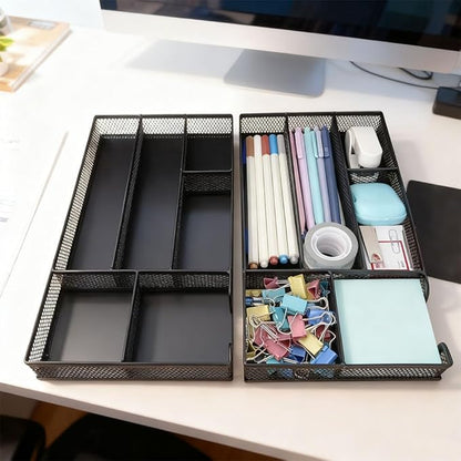 2 Pack Desk Drawer Organizer, Small Metal Mesh Desk Organizer Tray, Pen Pencil Drawer Organizer for Office Supplies, Desktop, Makeup, Vanity