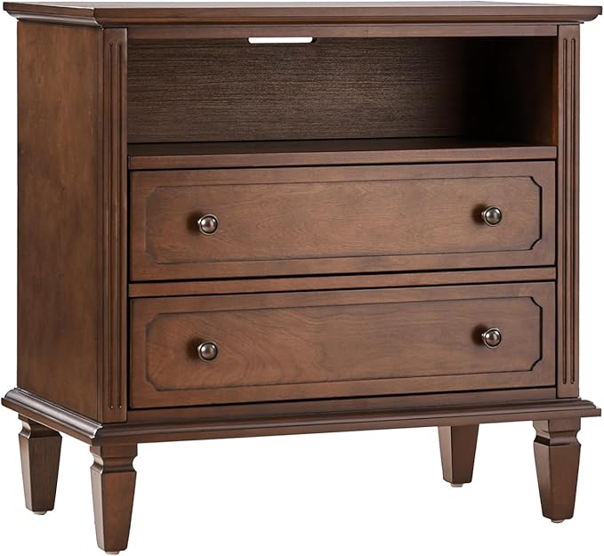 HULALA HOME Farmhouse End Table with Charging Station, End Table with USB Ports & Outlets, Fluted Pilasters Design Side Table with Open Space and 2 Drawers Dresser for Living Room, Walnut