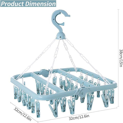 Clothes Drying Rack with 32 Clips, Foldable Hanging Rack, 360° Rotatable Hook for Drying Socks Baby Clothes Towels Gloves(Light Blue)