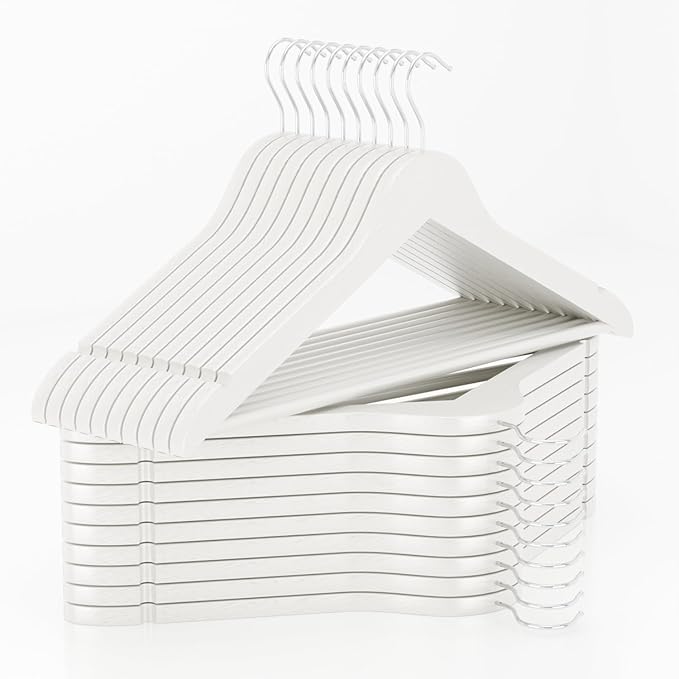 White Wooden Coat Hangers, Durability Wood Suit Hangers with Non Slip Pant Bar, Solid Wooden Clothes Hangers with Wide Shoulder Design for Shirts, Jackets, Dress, Pants, Sweaters, 30 Pack
