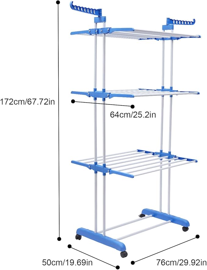 Foldable Clothes Drying Rack, 4 Tier Metal Clothes Rail with Wheels 7 Windproof Hooks Clothes Horses Rack Laundry Garment Dryer Stand with 2 Side Wings Indoor, Outdoor, Bedroom, Loft (Blue)