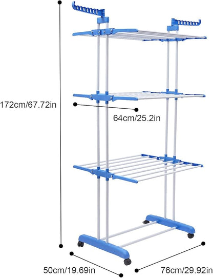 Foldable Clothes Drying Rack, 4 Tier Metal Clothes Rail with Wheels 7 Windproof Hooks Clothes Horses Rack Laundry Garment Dryer Stand with 2 Side Wings Indoor, Outdoor, Bedroom, Loft (Blue)