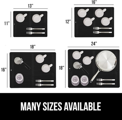 GORILLA GRIP 100% BPA-Free Patented Silicone Dish Drying Mat for Kitchen Counter, Water Catching Ribbed Design, Easy Clean Waterproof Sink Liner, Heat Resistant, Fits Under Rack, 11x13 Inch, Black