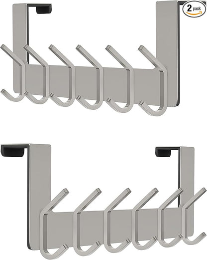 Brushed Nickel Over The Door Hooks, Heavy Duty Stainless Steel Door Hanger with 6 Double Hooks for Hanging Towels, Coats, Robes, Hats, Bags, No Drill Over Door Towel Rack for Bathroom, Bedroom, 2 Pack