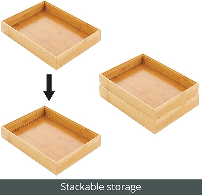 mDesign Bamboo Wood Stackable Drawer Organizer Bin Box for Kitchen; Holds Silverware, Cutlery, Utensils - Echo Collection - 2 Pack - Natural