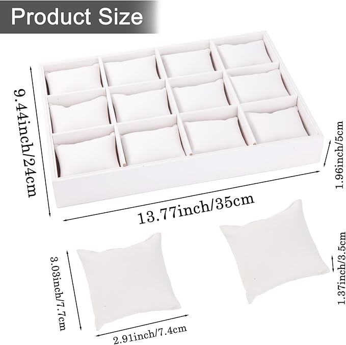 Polmart Stackable 12-Grid Jewelry Tray with Pillow, White Leatherette (2-Pack)