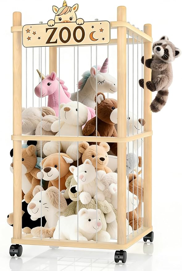 2 Tier Stuffed Animal Storage Zoo Tower,56In Wooden Large Stuffed Animal Holder Organizer with Wheels,Stuffy Plushies Storage with Elastic Band&Mesh Bottom,Toy Storage Organizers for Playroom Nursery