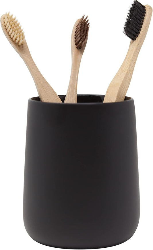 Yew Design Matte Black Toothbrush and Toothpaste Holder and Cup for Bathroom Vanity and Countertop, Round Organizer for Electric Toothbrushes, Floss, Razors, Cotton, and Mouthwash