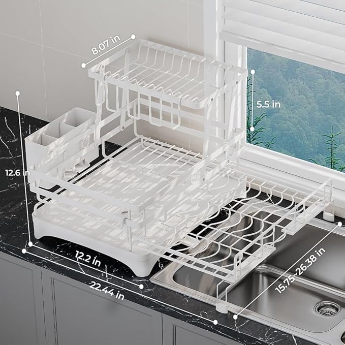 HANLE 2 Tier Large Dish Drying Rack - Extendable Dish Rack, 2-in-1 Anti-Rust Stainless Steel Dishrack for Kitchen Counter and Sink, Dish Strainer with Utensil Holder & Cup Holder(White)