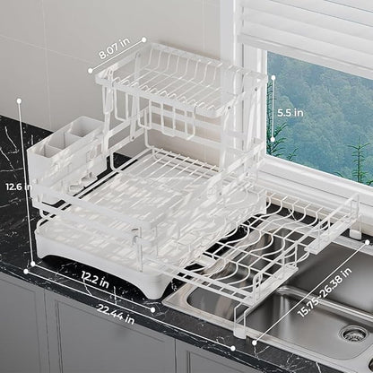 HANLE 2 Tier Large Dish Drying Rack - Extendable Dish Rack, 2-in-1 Anti-Rust Stainless Steel Dishrack for Kitchen Counter and Sink, Dish Strainer with Utensil Holder & Cup Holder(White)