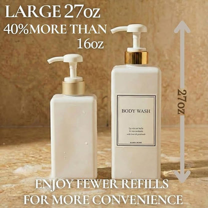 Modern Gold Design Shampoo and Conditioner Dispenser, Large 27oz Shower Soap Dispenser, Set of 3 Refillable Empty Plastic Pump Bottles for Bathroom and Body Wash (6 Waterproof Labels Included), White